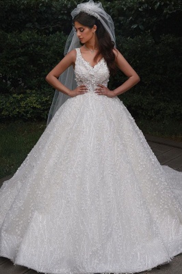 Deam Strpas V Neck Backless Floral Crystal A Line Wedding Dress_1