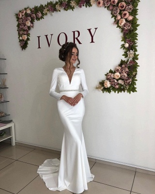 Graceful Deep V Neck Long Sleeve Open Back Crystal Fit And Flare Mermaid Wedding Dresses With Sash_3