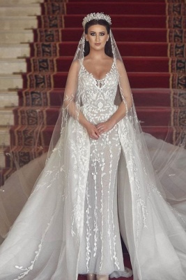 Luxury Straps V Neck Sleeveless Sheath Wedding Dresses With Detachble Train | Floral Detachable Skirt Brildal Gown_1
