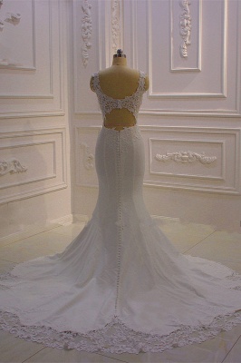 Simple V-neck Backless Appliques Lace Floor-length Satin Mermaid Wedding Dress_4
