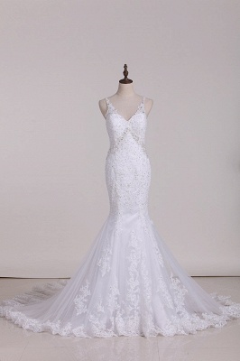Elegant Spaghetti Straps V-neck Backless Appliques Lace Beading Mermaid Wedding Dress_1