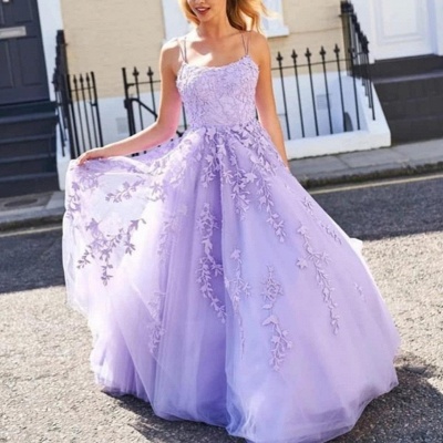 Stunning Spaghetti Straps A-line Tulle Floor-length Appliques Lace Prom Dress_2