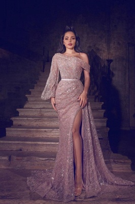 Gorgeous Glitter Sequins One Shoulder Mermaid Long Sleeve Prom Dress With Side Split_1