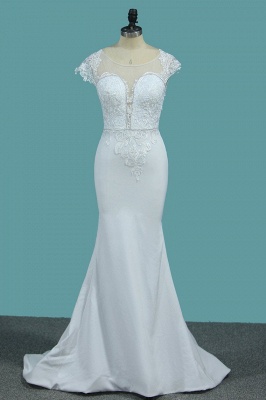 Elegant Scoop Neck Short Sleeve Appliques Lace Beading Satin Mermaid Wedding Dress_1