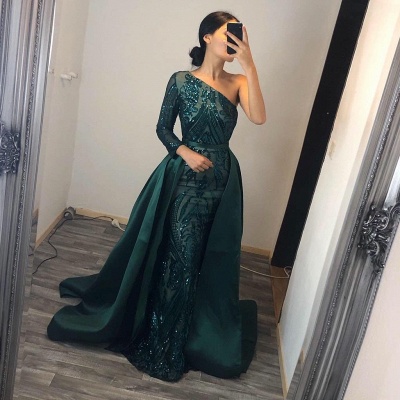 Stunning Long Sleeve Sequins One Shoulder Mermaid Prom Dress With Detachable Train_2