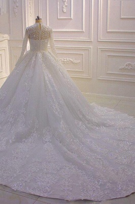 Vintage High-neck Long Sleeve Appliques Lace Beading Ruffles Long Ball Gown Wedding Dress_5