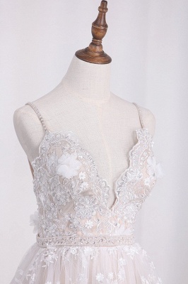 Elegant A-Line V-neck Spaghetti Straps Backless Appliques Lace Flower Floor-length Wedding Dress_3
