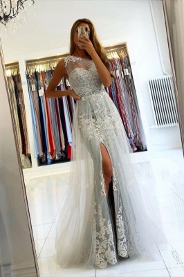 Classy One Shoulder Appliques Lace Mermaid Prom Dress With Side Split Tulle Train_1