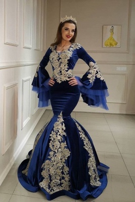 Unique Square Neckline Long Sleeve Appliques Lace Velvet Mermaid Prom Dress_1