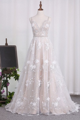 Elegant A-Line V-neck Spaghetti Straps Backless Appliques Lace Flower Floor-length Wedding Dress_1