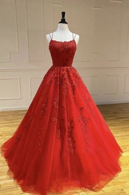 Stunning Spaghetti Straps A-line Tulle Floor-length Appliques Lace Prom Dress_1