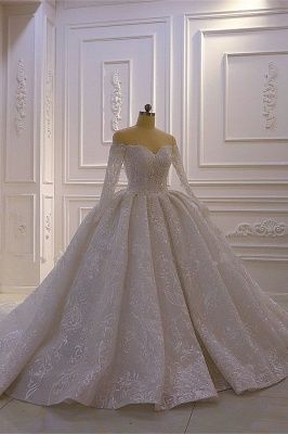 Classy Long Sleeve Sweetheart Appliques Lace Beading Ruffles Backless Ball Gown Wedding Dress_2