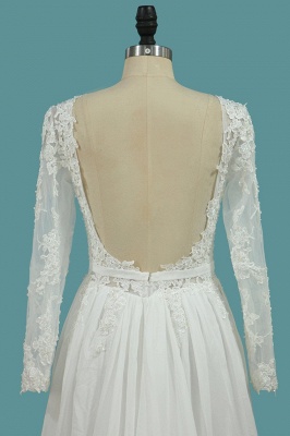 Elegant A-Line Scoop Neck Long Sleeve Beading Appliques Lace Wedding Dress With Sashes_4