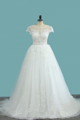 Elegant A-Line Bateau Appliques Lace Short Sleeve Backless Floor-length Wedding Dress_1