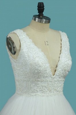 Elegant A-Line V-neck Backless Appliques Lace Pearl Detailing Floor-length Wedding Dress_3