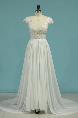 Elegant A-Line Deep V-neck Appliques Lace Pearl Backless Chiffon Wedding Dress_1