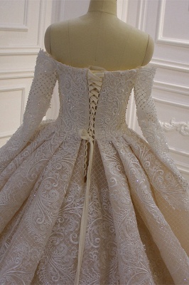Beautiful Appliques Lace Beading Ruffles Strapless Long Sleeve Backless Train Ball Gown Wedding Dress_5
