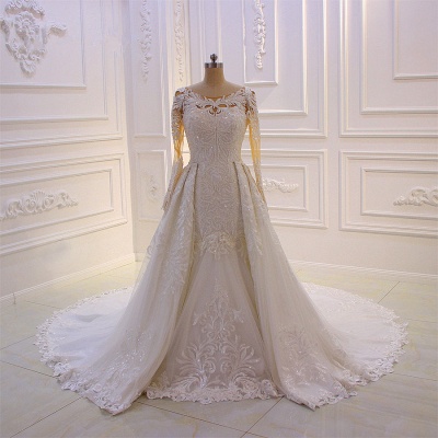 Gorgeous Bateau Long Sleeve Appliques Lace Beading Ruffles Mermaid Wedding Dress_3