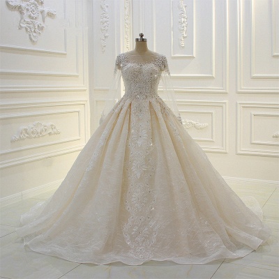 Gorgeous Bateau Long Sleeve Appliques Lace Beading Floor-length Ball Gown Wedding Dress_1