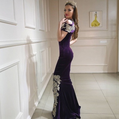 Unique High Neck Backless Appliques Lace Floor-length Velvet Mermaid Prom Dress_2
