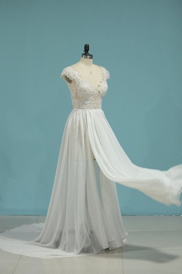 Elegant A-Line Deep V-neck Appliques Lace Pearl Backless Chiffon Wedding Dress_4