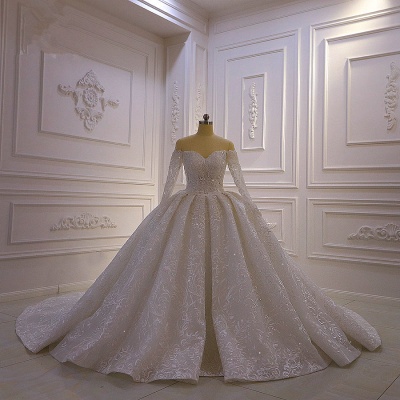 Classy Long Sleeve Sweetheart Appliques Lace Beading Ruffles Backless Ball Gown Wedding Dress_6
