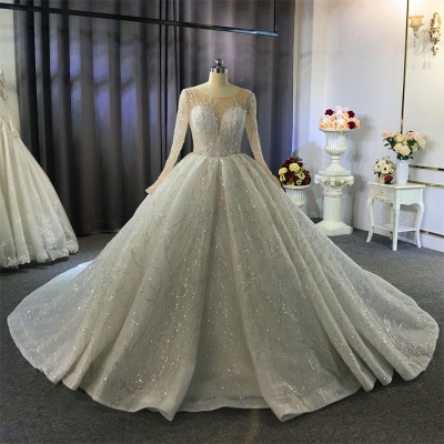 Gorgeous Bateau Long Sleeve Beading Appliques Floor-length Ruffles Ball Gown Wedding Dress_8