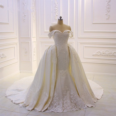 Gorgeous Sweetheart Off-the-Shoulder Backless Appliques Lace Ruffles Mermaid Wedding Dress_1