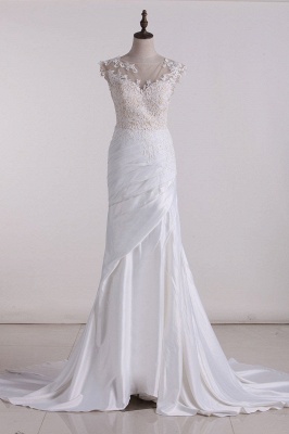 Elegant Bateau Appliques Lace Ruffles Backless Satin Mermaid Wedding Dress_1