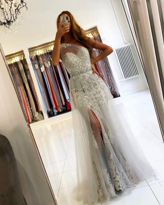 Classy One Shoulder Appliques Lace Mermaid Prom Dress With Side Split Tulle Train_3