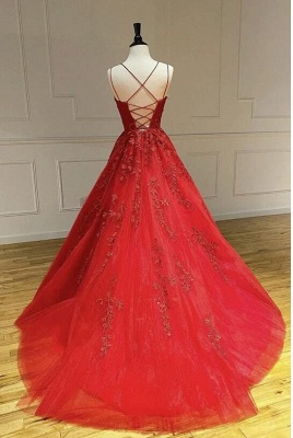 Stunning Spaghetti Straps A-line Tulle Floor-length Appliques Lace Prom Dress_3