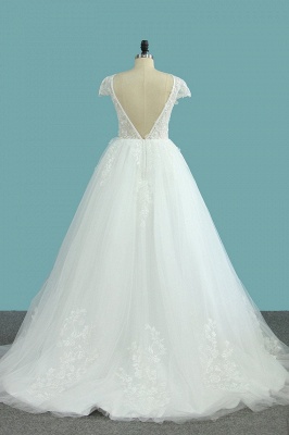 Elegant A-Line Bateau Appliques Lace Short Sleeve Backless Floor-length Wedding Dress_3