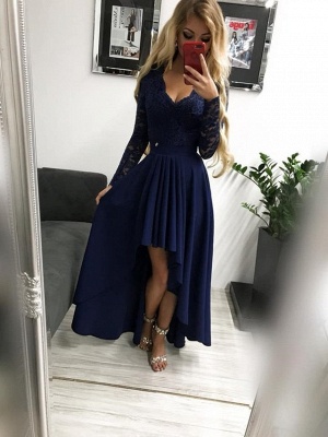 Sexy Long Sleeves Appliques Lace Evening Dress V-neck High Low Prom Dresses_4