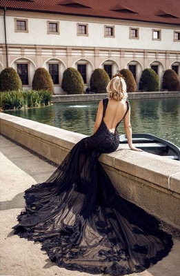 Glamorous Black V-neck Long Mermaid Open Back Appliques Lace Prom Dress_3