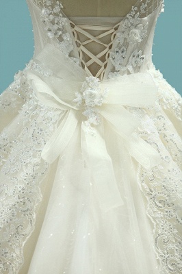 Classy Bateau Bow Beading Appliques Lace Ruffles Ball Gown Wedding Dress_5
