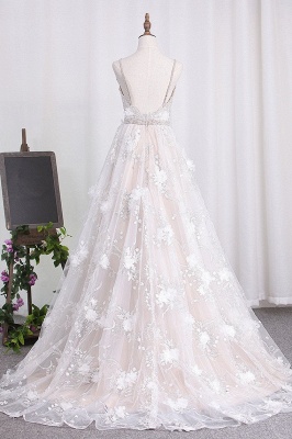 Elegant A-Line V-neck Spaghetti Straps Backless Appliques Lace Flower Floor-length Wedding Dress_2
