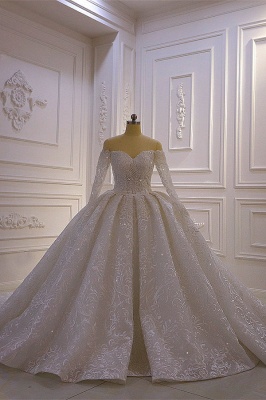 Classy Long Sleeve Sweetheart Appliques Lace Beading Ruffles Backless Ball Gown Wedding Dress_1