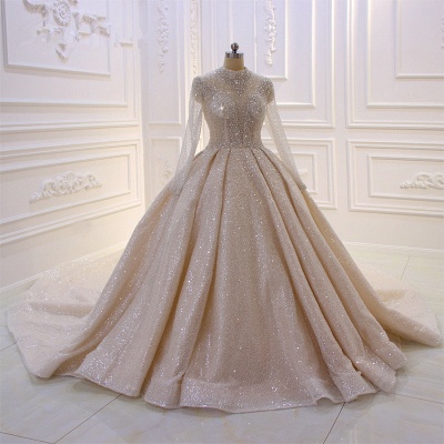 Gorgeous High-neck Long Sleeve Beading Sequins Train Ruffles Satin Ball Gown Wedding Dress_4