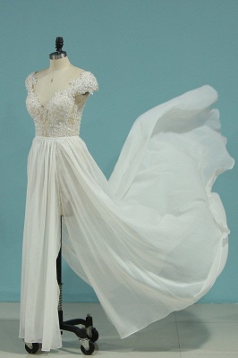 Elegant A-Line Deep V-neck Appliques Lace Pearl Backless Chiffon Wedding Dress_7