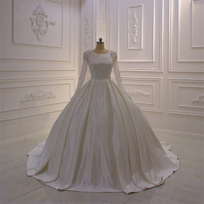 Gorgeous Bateau Long Sleeve Appliques Lace Beading Flower Ruffles Ball Gown Wedding Dress_1