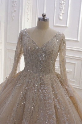 Classy Beading V-neck Long Sleeve Sequins Appliques Lace Ruffles Ball Gown Train Wedding Dress_4