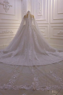 Classy Long Sleeve Sweetheart Appliques Lace Beading Ruffles Backless Ball Gown Wedding Dress_5