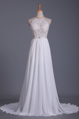 Elegant A-Line Halter Backless Appliques Lace Beading Chiffon Wedding Dress_1