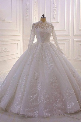 Vintage High-neck Long Sleeve Appliques Lace Beading Ruffles Long Ball Gown Wedding Dress_6