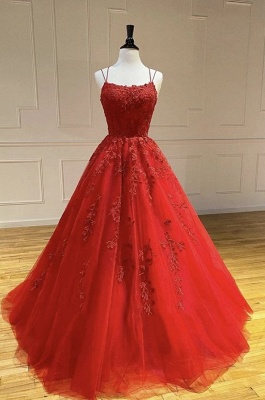 Stunning Spaghetti Straps A-line Tulle Floor-length Appliques Lace Prom Dress_4