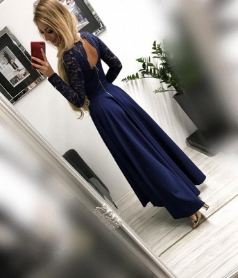 Sexy Long Sleeves Appliques Lace Evening Dress V-neck High Low Prom Dresses_3