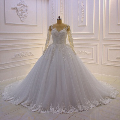 Gorgeous Bateau Long Sleeve Appliques Lace Beading Floor-length Ball Gown Wedding Dress_1