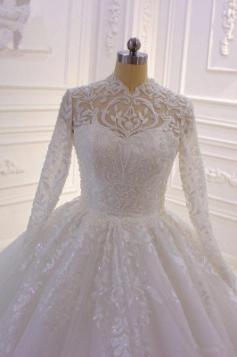 Vintage High-neck Long Sleeve Appliques Lace Beading Ruffles Long Ball Gown Wedding Dress_3