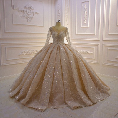 Gorgeous Bateau Long Sleeve Beading Appliques Floor-length Ruffles Ball Gown Wedding Dress_1