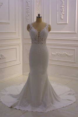 Simple V-neck Backless Appliques Lace Floor-length Satin Mermaid Wedding Dress_2